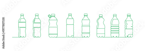 Collection of plastic and PET bottle icons in different shapes, vector illustration.