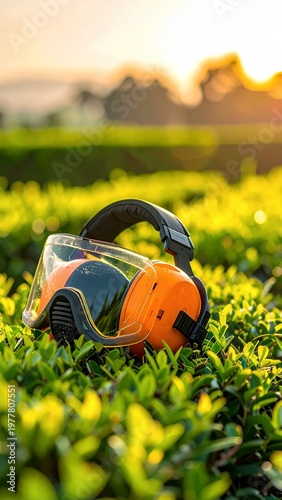 Safety Goggles and Ear Protection Resting on Lush Green Foliage at Sunset.