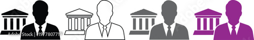 Bank building and businessman icon vector illustration representing finance, law, or administration.