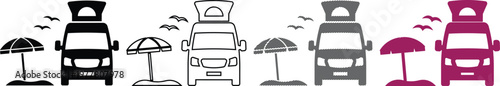 Campervan and beach umbrella illustration with seagulls flying.