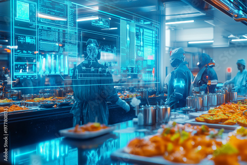 Futuristic kitchen Chef preparing gourmet dishes with AI systems, holographic displays. Future of Culinary Innovation.