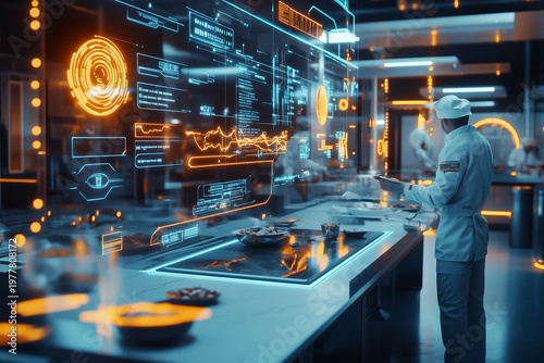 Futuristic kitchen Chef preparing gourmet dishes with AI systems, holographic displays. Future of Culinary Innovation.