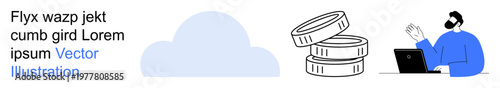 Cloud storage, digital economy, financial transactions, virtual communication, internet technology, modern data. Blue cloud, stacked coins person at laptop waving. Cloud storage and digital economy