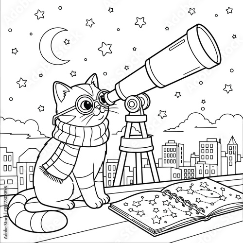 Cute cat astronomer observing stars with telescope and constellation book coloring page.