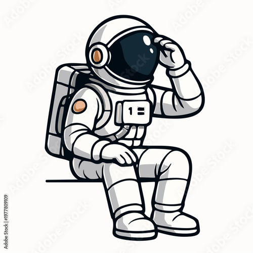 A cartoon astronaut sitting and wiping sweat from their face in a white spacesuit