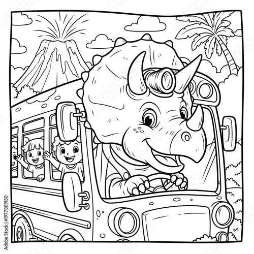 Triceratops driving school bus with children volcano and palm trees vector illustration.