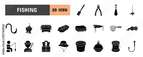 20 Fishing Glyph Icon Illustration Set