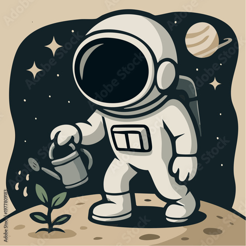 An astronaut in a spacesuit watering a plant on the moon's surface