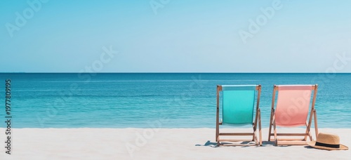 Beach chairs with straw hat on white sand beach facing clear turquoise ocean and calm blue sky, symbolizing summer vacation