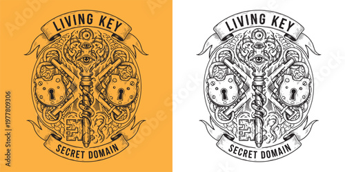 Esoteric Living Key with Eyes and Ornate Padlocks Secret Domain Artwork