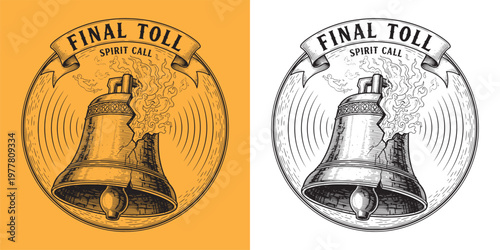 Detailed Engraving of an Ancient Bell with Souls Ascending Final Toll Banner