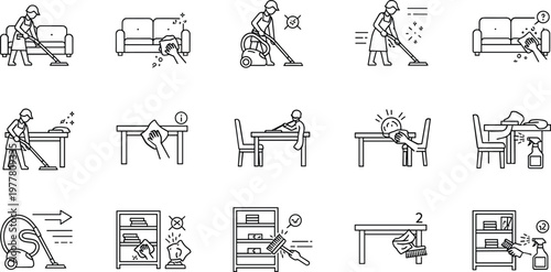 House cleaning service and hygiene line icons set with vacuum dusting wiping disinfecting and home maintenance concepts