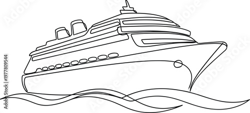 Luxury cruise ship line illustration isolated on white background with ocean waves travel tourism and maritime transport concept