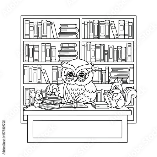 Wise owl librarian reading book with squirrel and mouse.