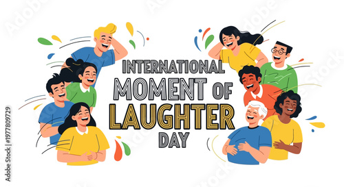 Celebrating International Moment of Laughter Day, a group of diverse people are joyfully laughing together, captured in a vibrant vector illustration with dynamic motion lines