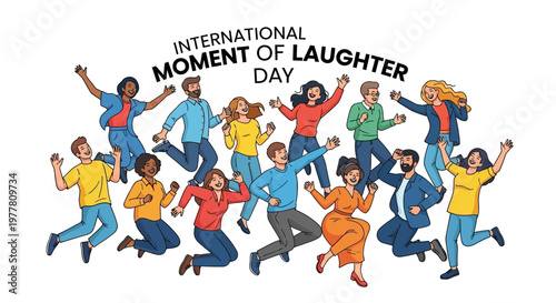 A group of diverse, cheerful people celebrating International Moment of Laughter Day with arms raised in a joyous, energetic mood, depicted in a colorful cartoon illustration