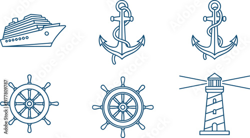 Marine nautical line icons set with cruise ship anchor steering wheel lighthouse and sea navigation elements