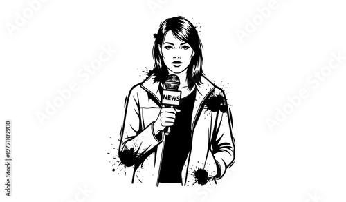 Grunge female reporter holding microphone urban news journalist vector illustration isolated on white background