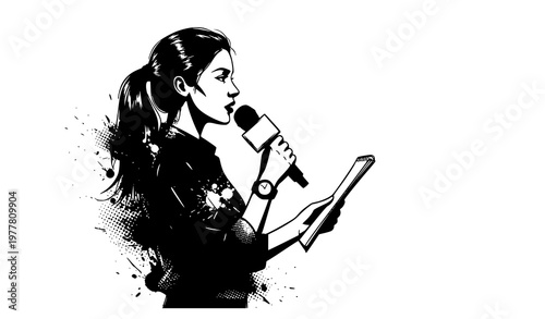 Urban grunge woman journalist reporting news with microphone and notebook vector illustration isolated on white