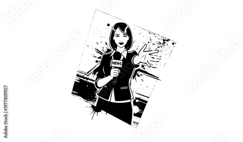 Edgy grunge female news reporter interviewing with microphone bold vector character isolated on white background