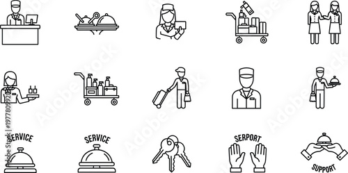Hotel and hospitality service line icons set with staff housekeeping room service concierge and guest support concepts