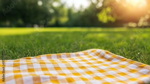 Yellow gingham picnic blanket resting on lush green grass in a sunny park with bokeh background, perfect for leisure concepts