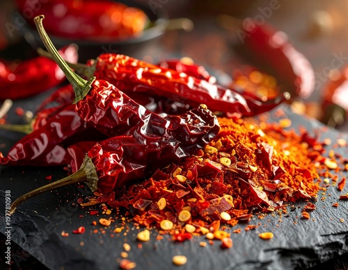 Dried Red Chili Peppers and Flakes on a Dark Stone Surface.
