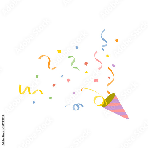 Watercolor party popper with confetti and ribbons spreading diagonally festive celebration background vector