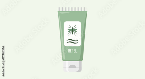 Green repellent cream tube with insect icon and wavy lines for protection against mosquitoes