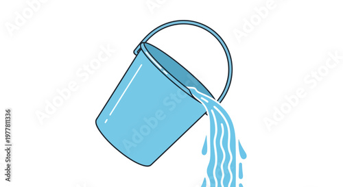 Simple graphic illustration of a blue bucket pouring a continuous stream of clear water, symbolizing concepts of refreshment, cleanliness, and fluid movement