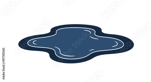 Simple graphic illustration of an abstract dark blue water puddle, depicting a wet surface or a spilled liquid, perfect for weather, cleanliness, or fluid dynamics concepts