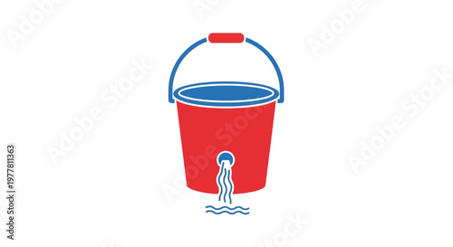 Vibrant red and blue icon illustrating significant water loss from a leaky bucket, symbolizing resource inefficiency and the critical challenge of conservation