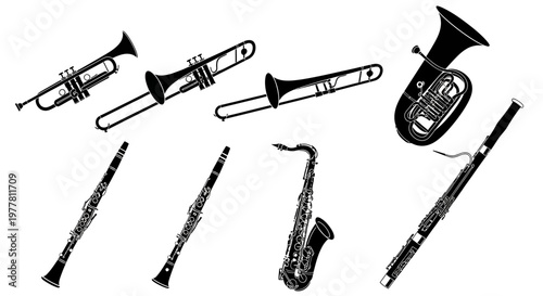 Collection of Brass and Woodwind Musical Instruments Silhouettes