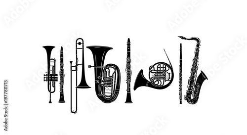 Collection of Black and White Musical Instruments Silhouette on White Background