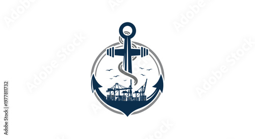 Maritime Industry Symbol with Anchor and Port Silhouette