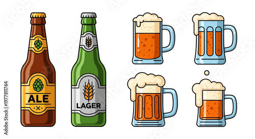 Beer Bottles and Mugs: Ale and Lager Variety - Refreshing Drinks Collection