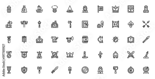 Medieval icon set. Vector illustration pack featuring castle, crown, king, queen, sword, shield, treasure, map, knight and more. Editable stroke.