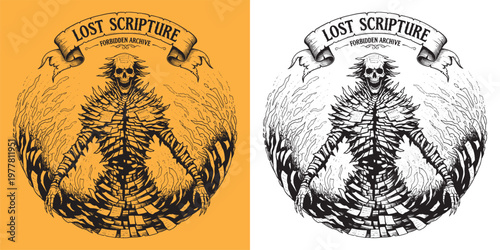 Lost Scripture Forbidden Archive Skeleton Scroll Ghost Illustration