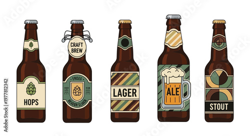 Collection of Craft Beer Bottles: Hops, Lager, Ale, Stout, and Craft Brew