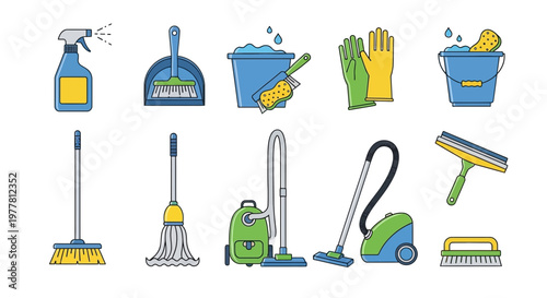 Cleaning Supplies Icons Set: Broom, Mop, Vacuum, Sprayer, Gloves, Bucket, Squeegee