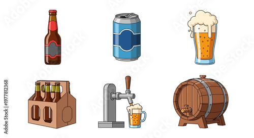 Beer Collection: Bottle, Can, Glass, Six-Pack, Tap, and Barrel Icons