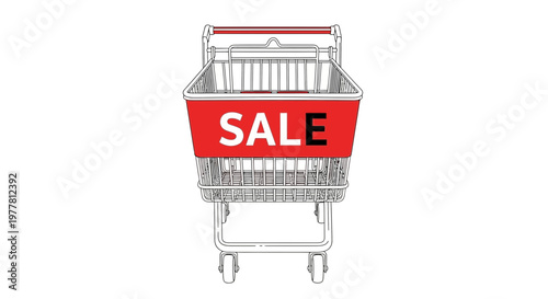 Shopping cart with a red 'SALE' sign, representing retail discounts and shopping.