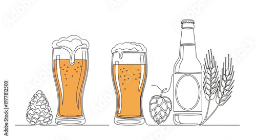 Craft Beer Ingredients: Hops, Barley, and Freshly Poured Ales in Glasses and Bottle