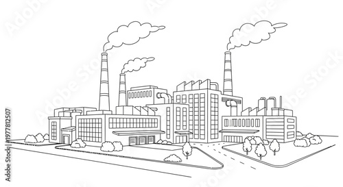 Industrial Factory Building with Smoke Stacks and Pollution