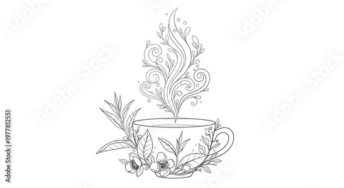 Elegant Tea Cup with Floral Steam and Leaves - Hand Drawn Sketch
