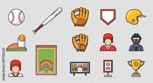 Baseball Equipment Icons Set: Bat, Ball, Glove, Helmet, Trophy, Field, Umpire, Scoreboard