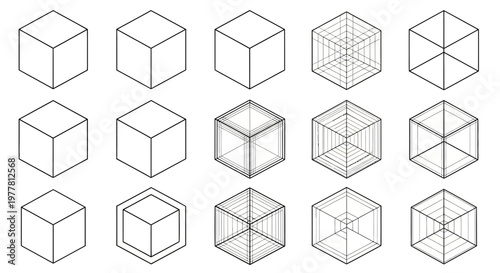 Geometric Cube Wireframe and Solid Forms, Isometric Views, Blueprint and Technical Drawing