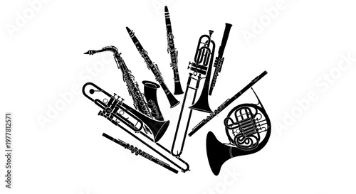 Orchestral Woodwind and Brass Instruments Collage - Black and White