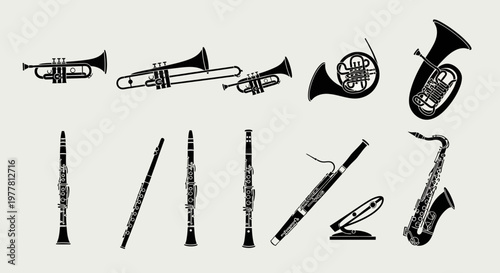 Brass and Woodwind Musical Instruments Silhouette Collection: Trumpet, Trombone, French Horn, Tuba, Clarinet, Bassoon, Saxophone