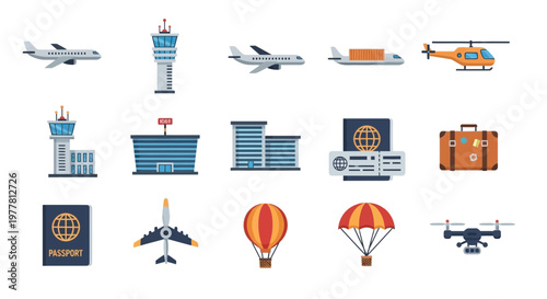 Transportation Icons: Airplanes, Airport, Drone, Helicopter, Hot Air Balloon, Passport